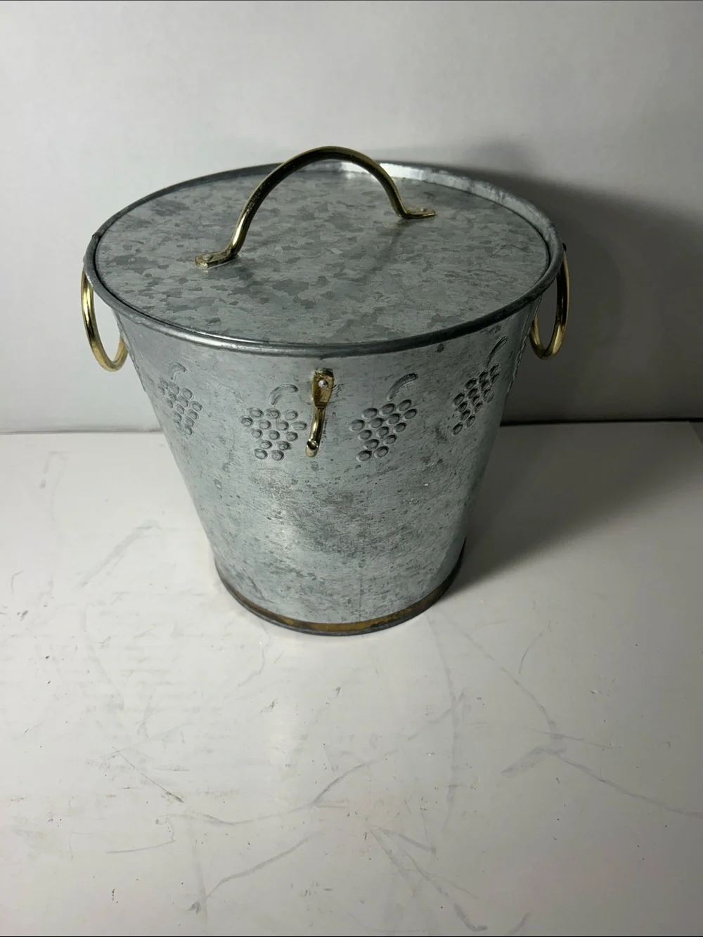 Galvanized Metal Ice Bucket with Lid and Brass Handles - Gray 8 inches High